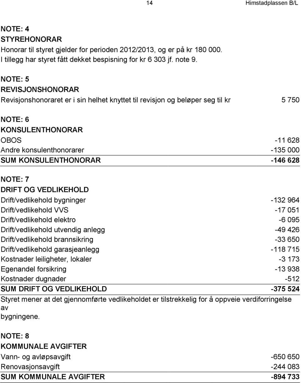 KONSULENTHONORAR -146 628 NOTE: 7 DRIFT OG VEDLIKEHOLD Drift/vedlikehold bygninger -132 964 Drift/vedlikehold VVS -17 051 Drift/vedlikehold elektro -6 095 Drift/vedlikehold utvendig anlegg -49 426