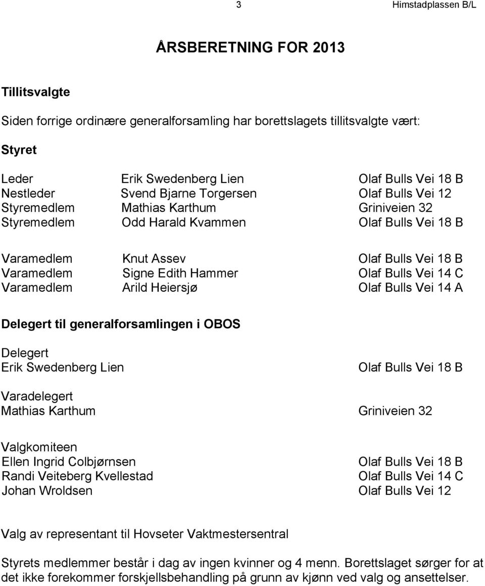 Hammer Olaf Bulls Vei 14 C Varamedlem Arild Heiersjø Olaf Bulls Vei 14 A Delegert til generalforsamlingen i OBOS Delegert Erik Swedenberg Lien Olaf Bulls Vei 18 B Varadelegert Mathias Karthum