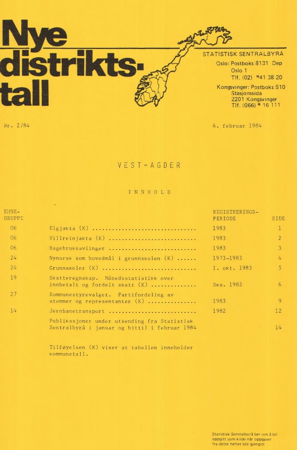 hovedmål i grunnskolen (K) 1973-1983 4 24 Grunnskoler (K) 1. okt. 1983 5 19 Skatteregnskap. Månedsstatistikk over innbetalt og fordelt skatt (K) Des.