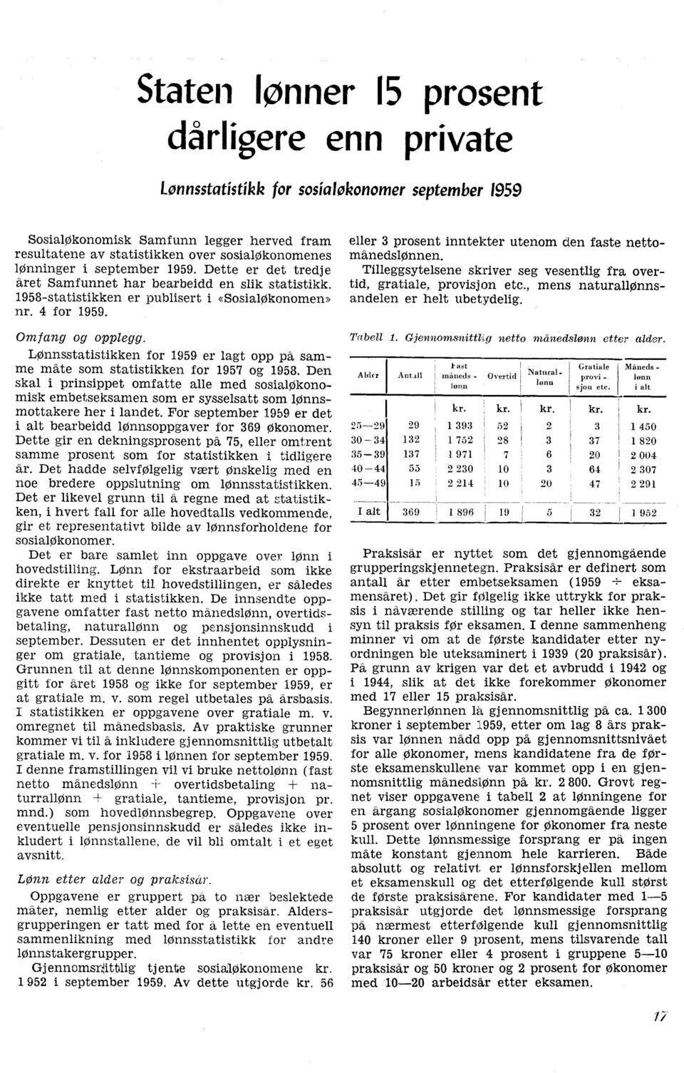 LØnnsstatistikken for 1959 er lagt opp på samme måte som statistikken for 1957 og 1958. Den.