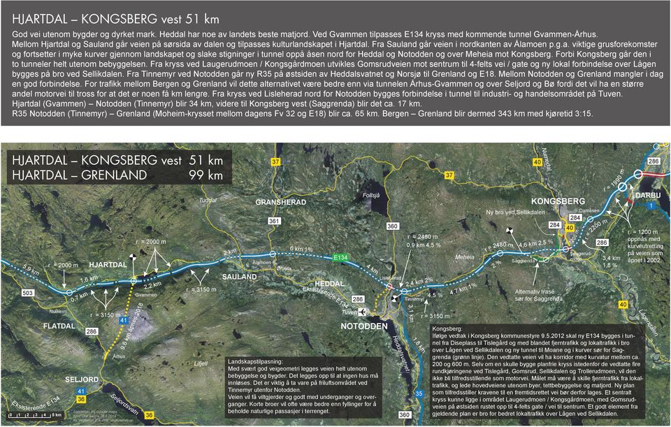 Forbi Kongsberg går den i to tunneler helt utenom bebyggelsen.