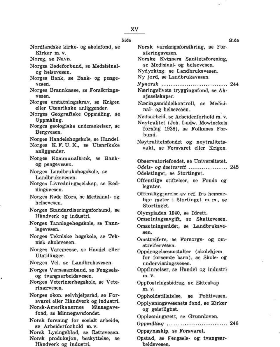 F. U. K., se Utenrikske anliggender. Norges Kommunalbank, se Bankog pengevesen. Norges Landbrukshøgskole, se Landbruks vesen. Norges Livredningsselskap, se Redningsvesen.