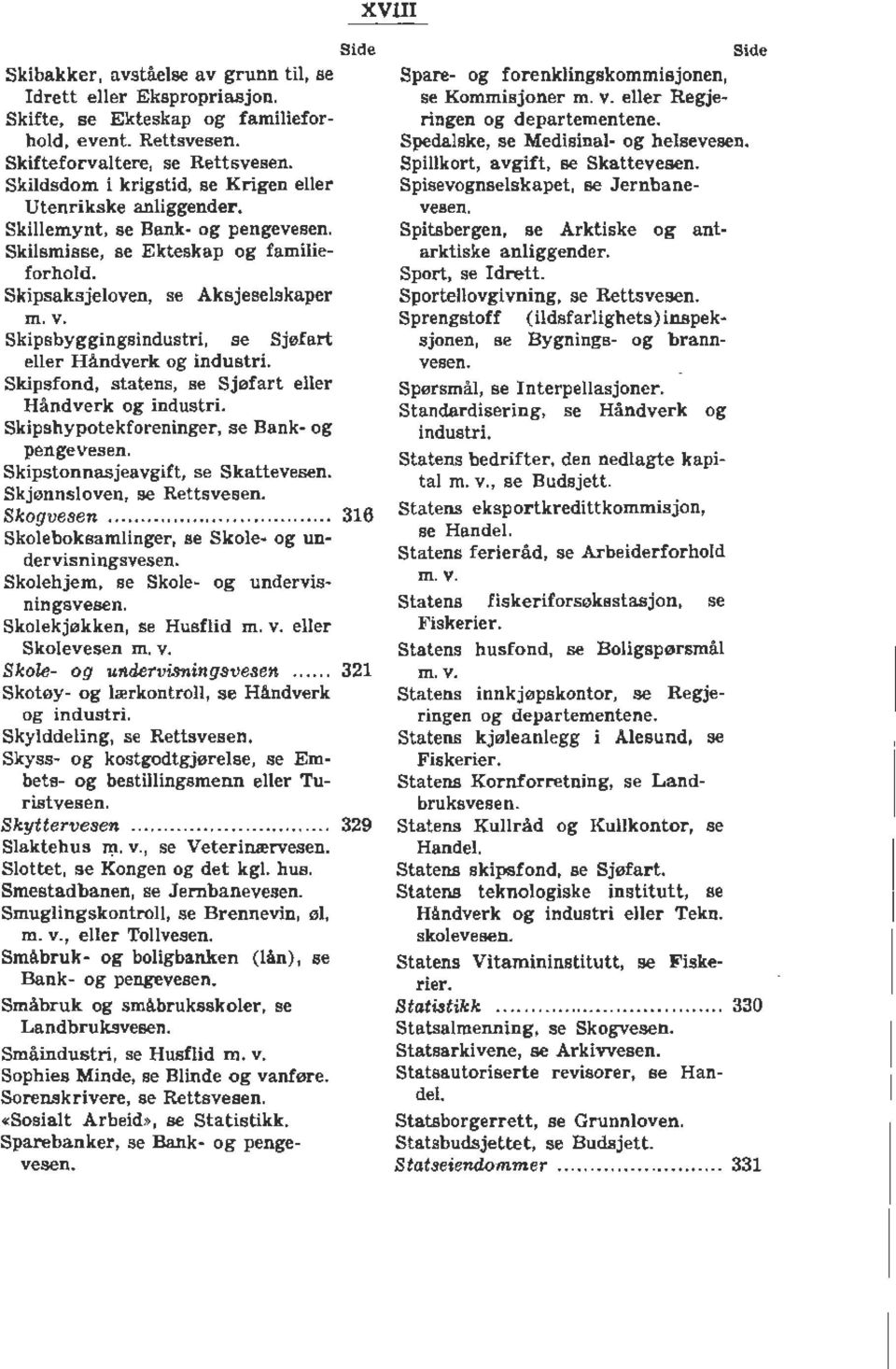 Skipsfond, statens, se Sjøfart eller Håndverk og industri. Skipshypotekforeninger, se Bank- og pengevesen. Skipstonnasjeavgift, se Skattevesen. Skjønnsloven, se Rettsvesen. Skogvesen.