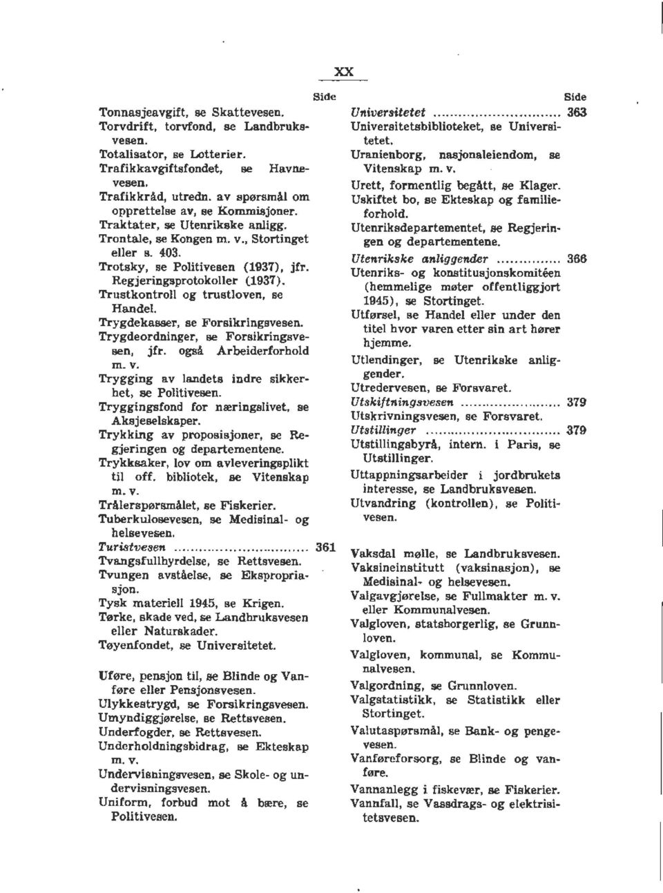 Trustkontroll og trustloven, se Handel. Trygdekasser, se Forsikringsvesen. Trygdeordninger, se Forsikringsvesen, jfr. også Arbeiderforhold m.v. Trygging av landets indre sikkerhet, se Politivesen.