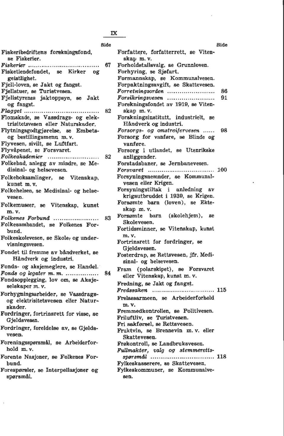 Flyvesen, sivilt, se Luftfart. Flyvåpenet, se Forsvaret. Folkeakademier...... 82 Folkebad, anlegg av mindre, se Medisinal- og helsevesen. Folkeboksamlinger, se Vitenskap, kunst m. v.