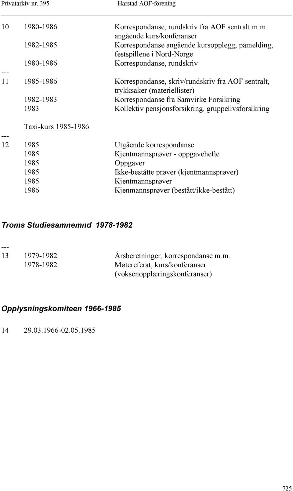 AOF sentralt, trykksaker (materiellister) 1982-1983 Korrespondanse fra Samvirke Forsikring 1983 Kollektiv pensjonsforsikring, gruppelivsforsikring Taxi-kurs 1985-1986 12 1985 Utgående korrespondanse