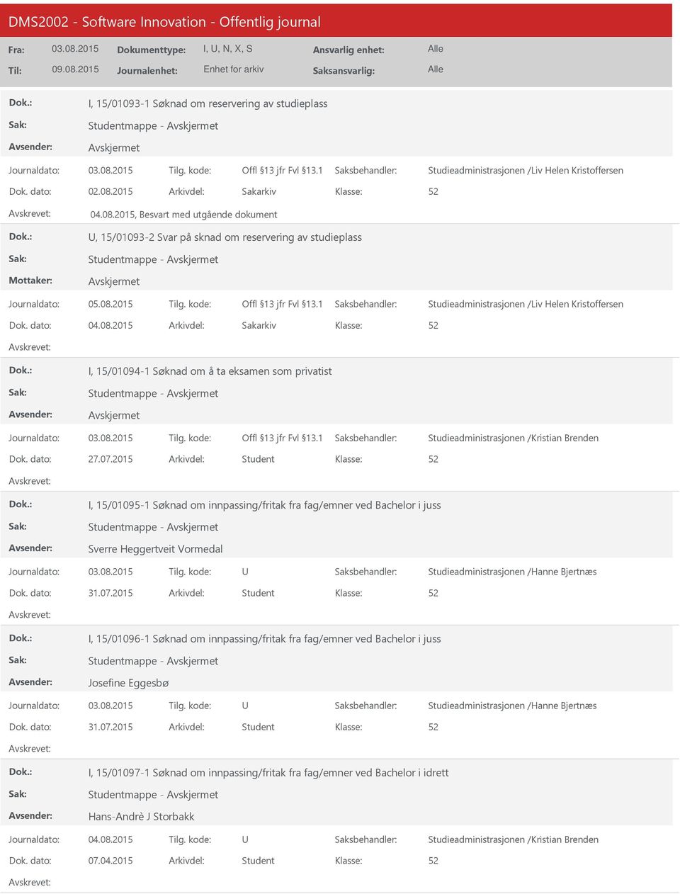 2015 Arkivdel: Student I, 15/01095-1 Søknad om innpassing/fritak fra fag/emner ved Bachelor i juss Sverre Heggertveit Vormedal Dok. dato: 31.07.