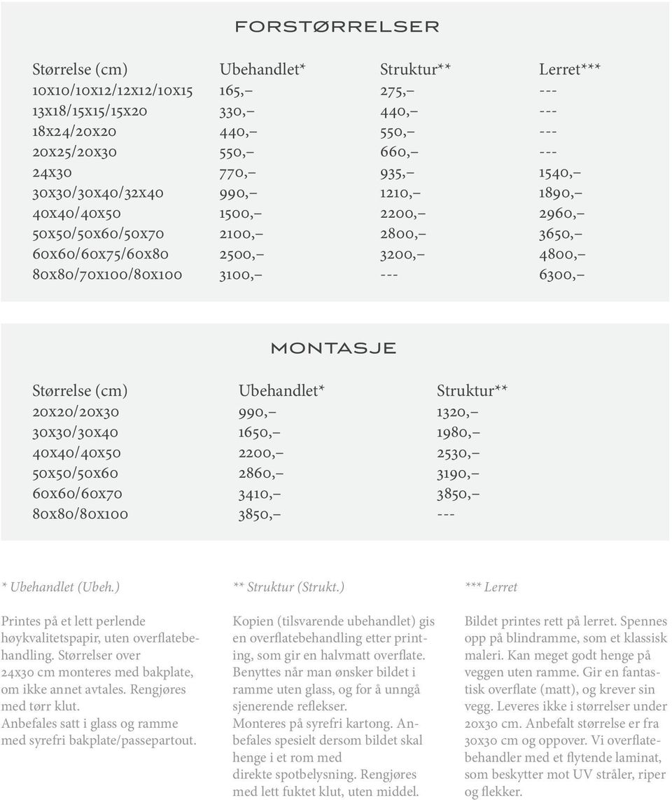Struktur** 20x20/20x30 990, 1320, 30x30/30x40 1650, 1980, 40x40/40x50 2200, 2530, 50x50/50x60 2860, 3190, 60x60/60x70 3410, 3850, 80x80/80x100 3850, --- * Ubehandlet (Ubeh.