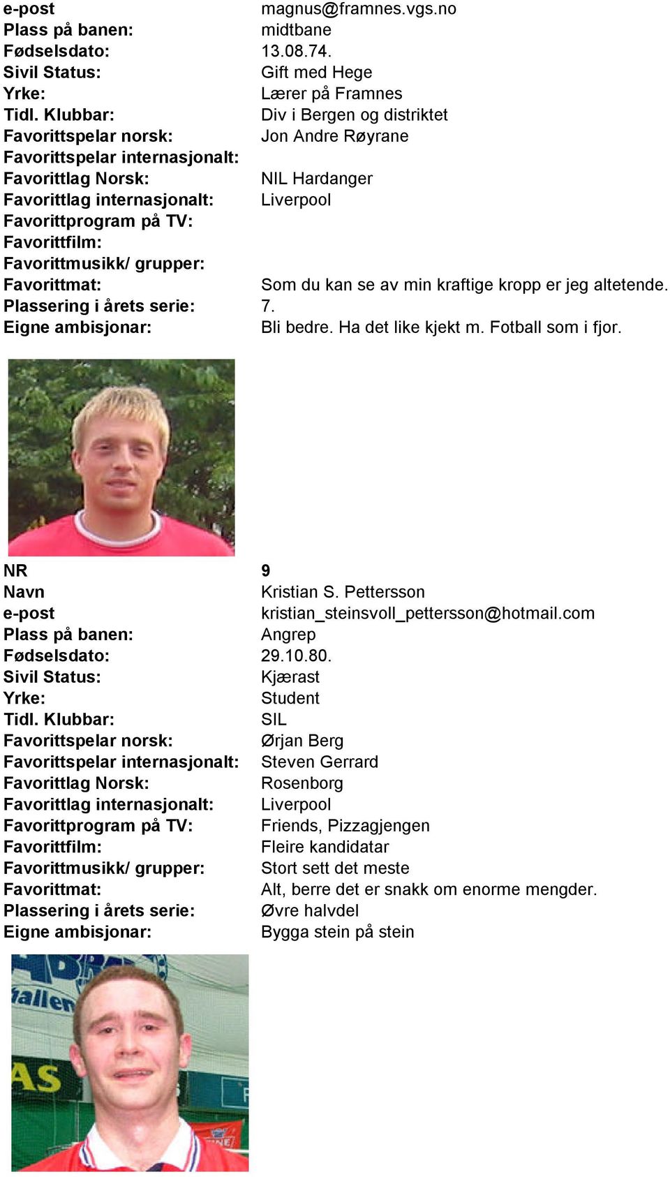 Som du kan se av min kraftige kropp er jeg altetende. 7. Bli bedre. Ha det like kjekt m. Fotball som i fjor. NR 9 Kristian S. Pettersson kristian_steinsvoll_pettersson@hotmail.