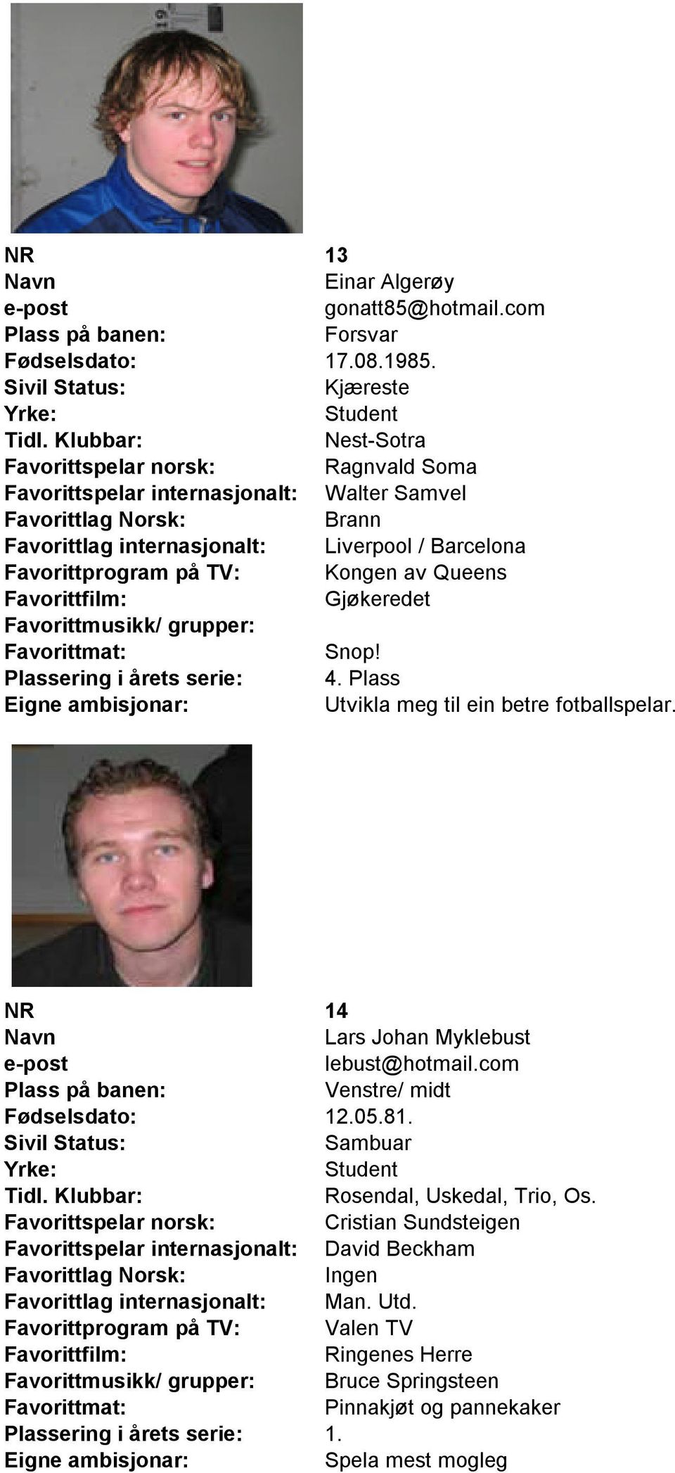 Queens Gjøkeredet Snop! 4. Plass Utvikla meg til ein betre fotballspelar. NR 14 Lars Johan Myklebust lebust@hotmail.com Venstre/ midt Fødselsdato: 12.05.81.