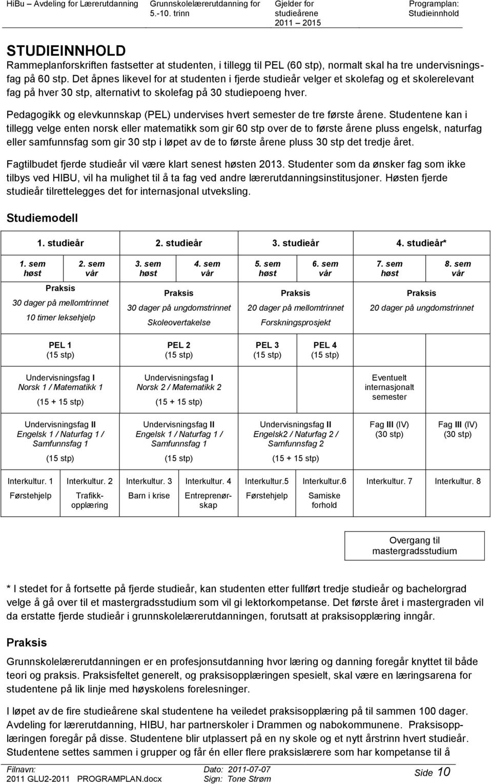 Pedagogikk og elevkunnskap (PEL) undervises hvert semester de tre første årene.