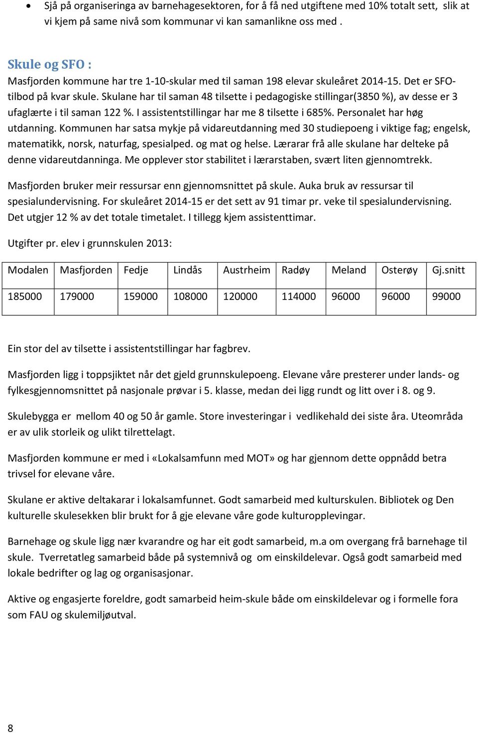 Skulane har til saman 48 tilsette i pedagogiske stillingar(3850 %), av desse er 3 ufaglærte i til saman 122 %. I assistentstillingar har me 8 tilsette i 685%. Personalet har høg utdanning.