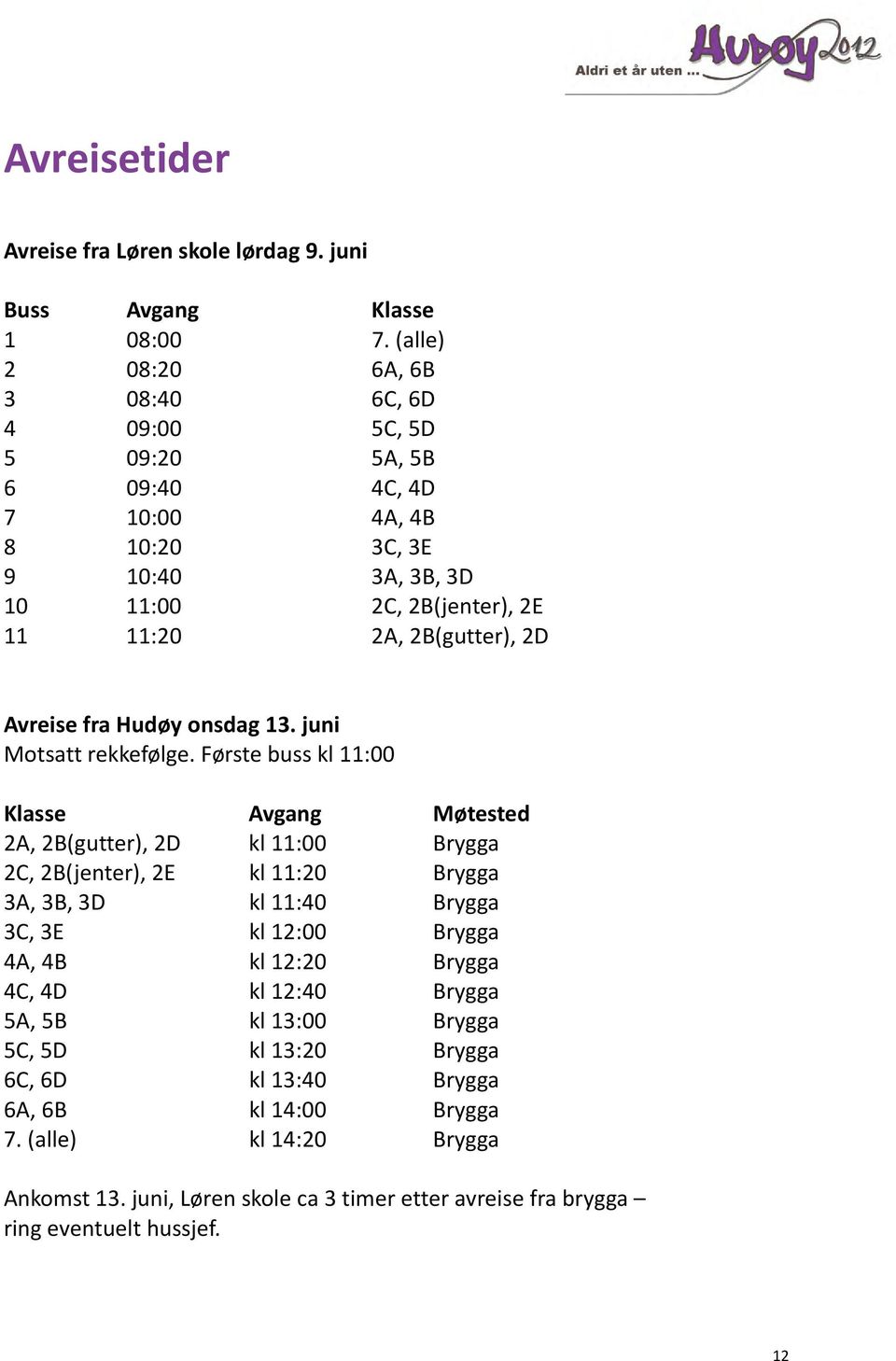 2D Avreise fra Hudøy onsdag 13. juni Motsatt rekkefølge.