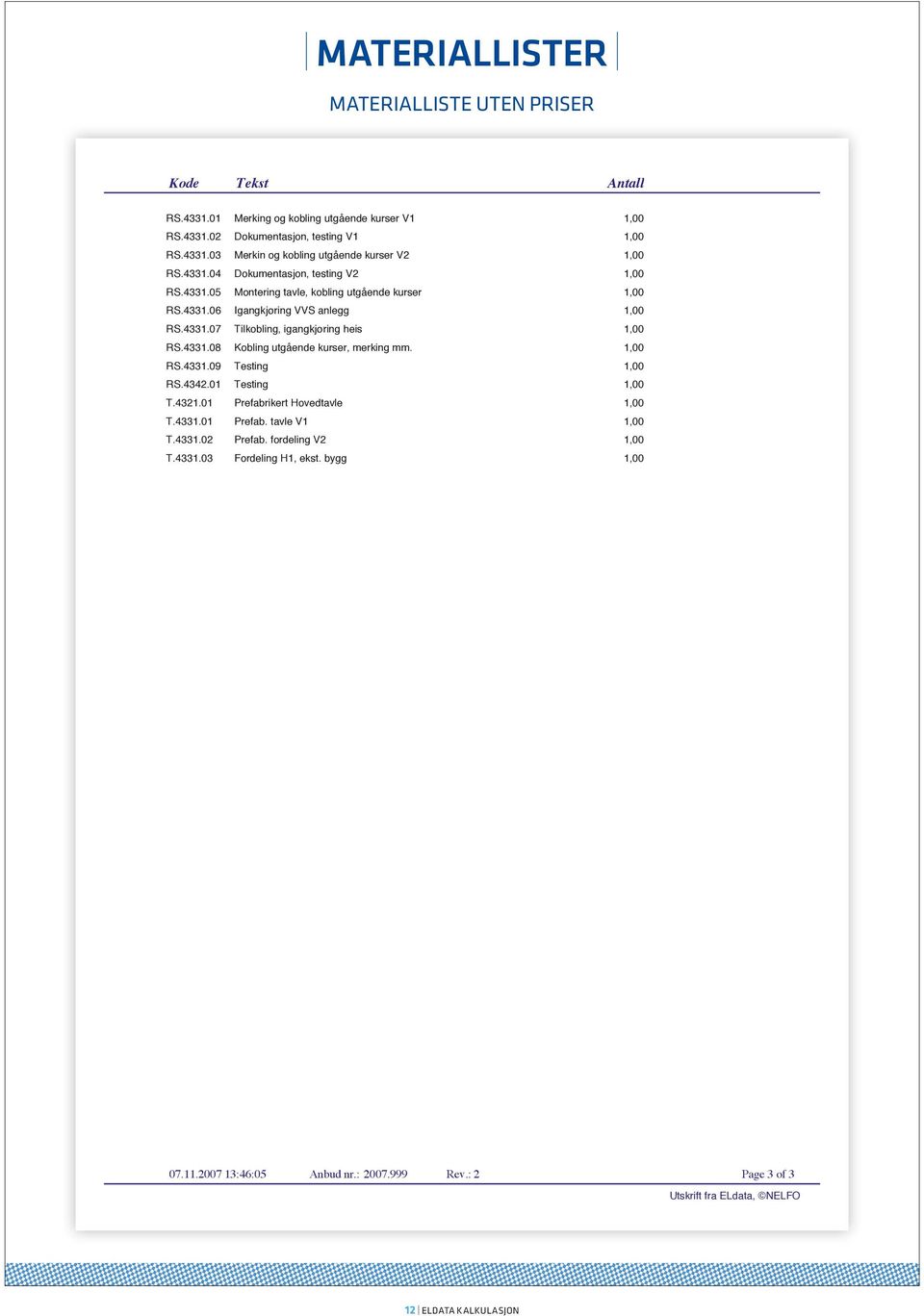 4331.08 Kobling utgående kurser, merking mm. RS.4331.09 Testing RS.4342.01 Testing T.4321.01 Prefabrikert Hovedtavle T.4331.01 Prefab. tavle V1 T.4331.02 Prefab.