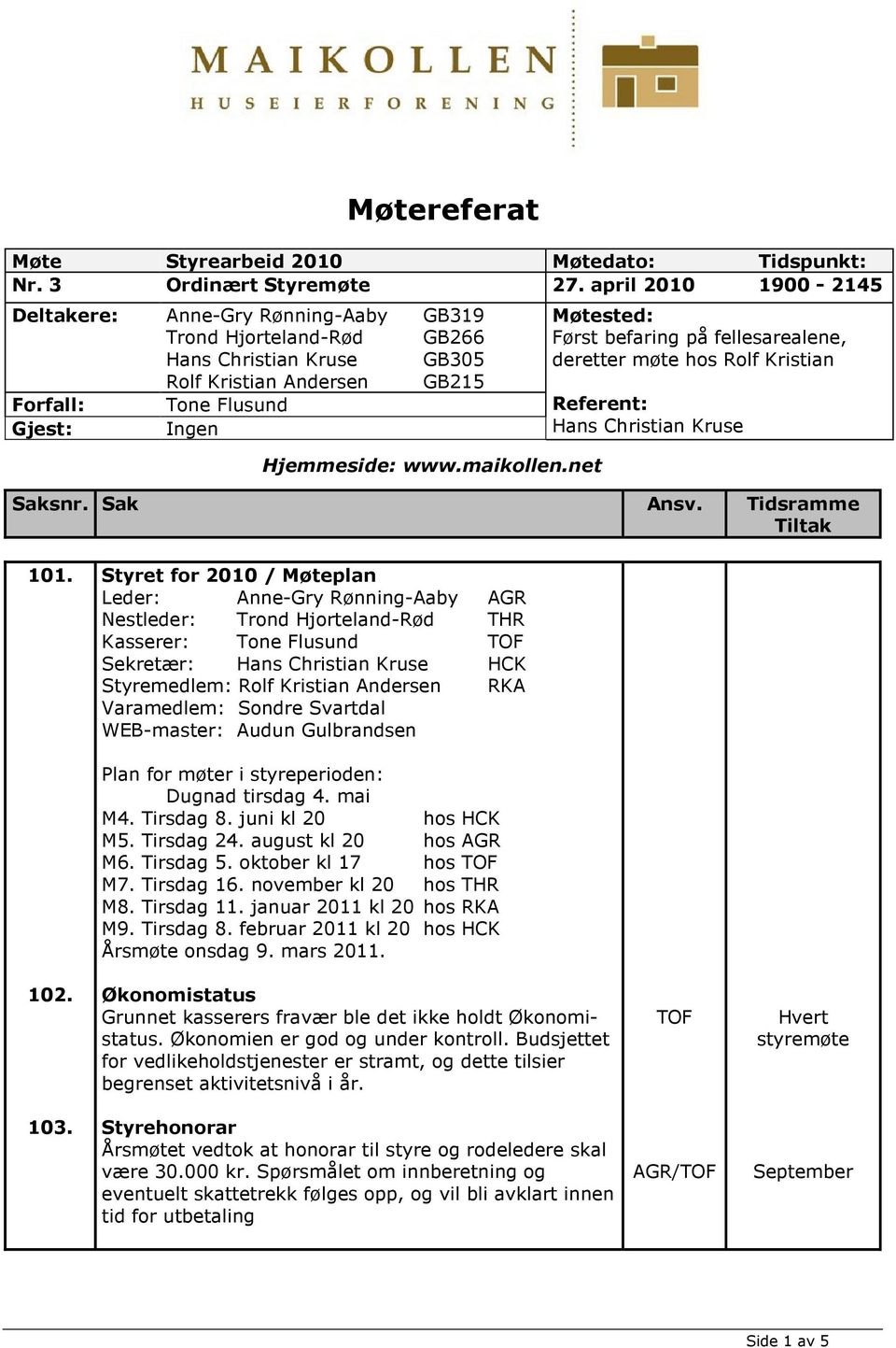 maikollen.net Møtested: Først befaring på fellesarealene, deretter møte hos Rolf Kristian Referent: Hans Christian Kruse Saksnr. Sak Ansv. Tidsramme Tiltak 101.