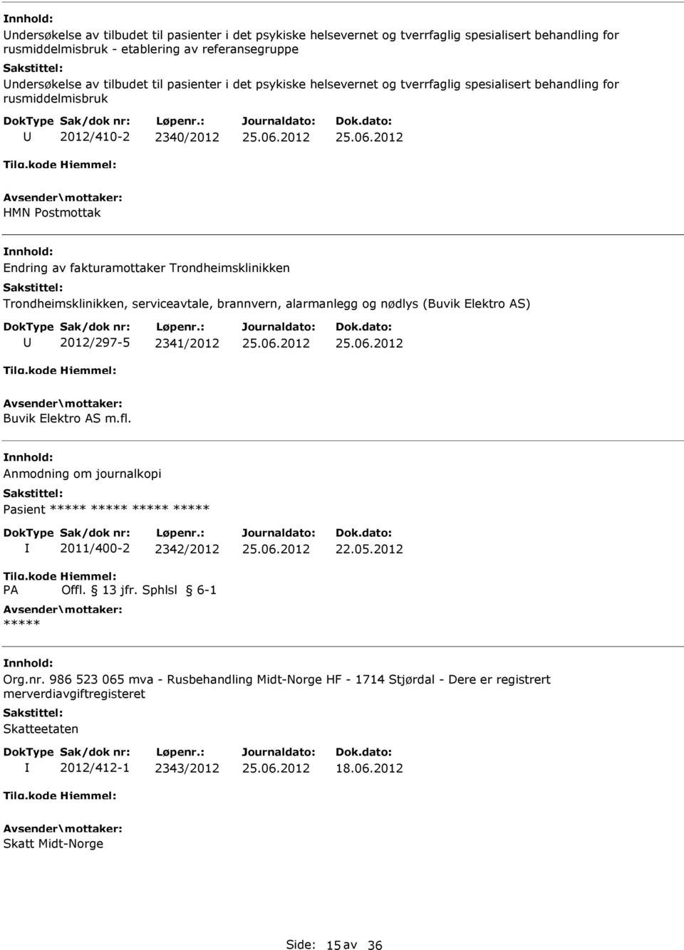 serviceavtale, brannvern, alarmanlegg og nødlys (Buvik Elektro AS) 2012/297-5 2341/2012 Buvik Elektro AS m.fl. Anmodning om journalkopi asient A 2011/400-2 2342/2012 Offl. 13 jfr. Sphlsl 6-1 22.