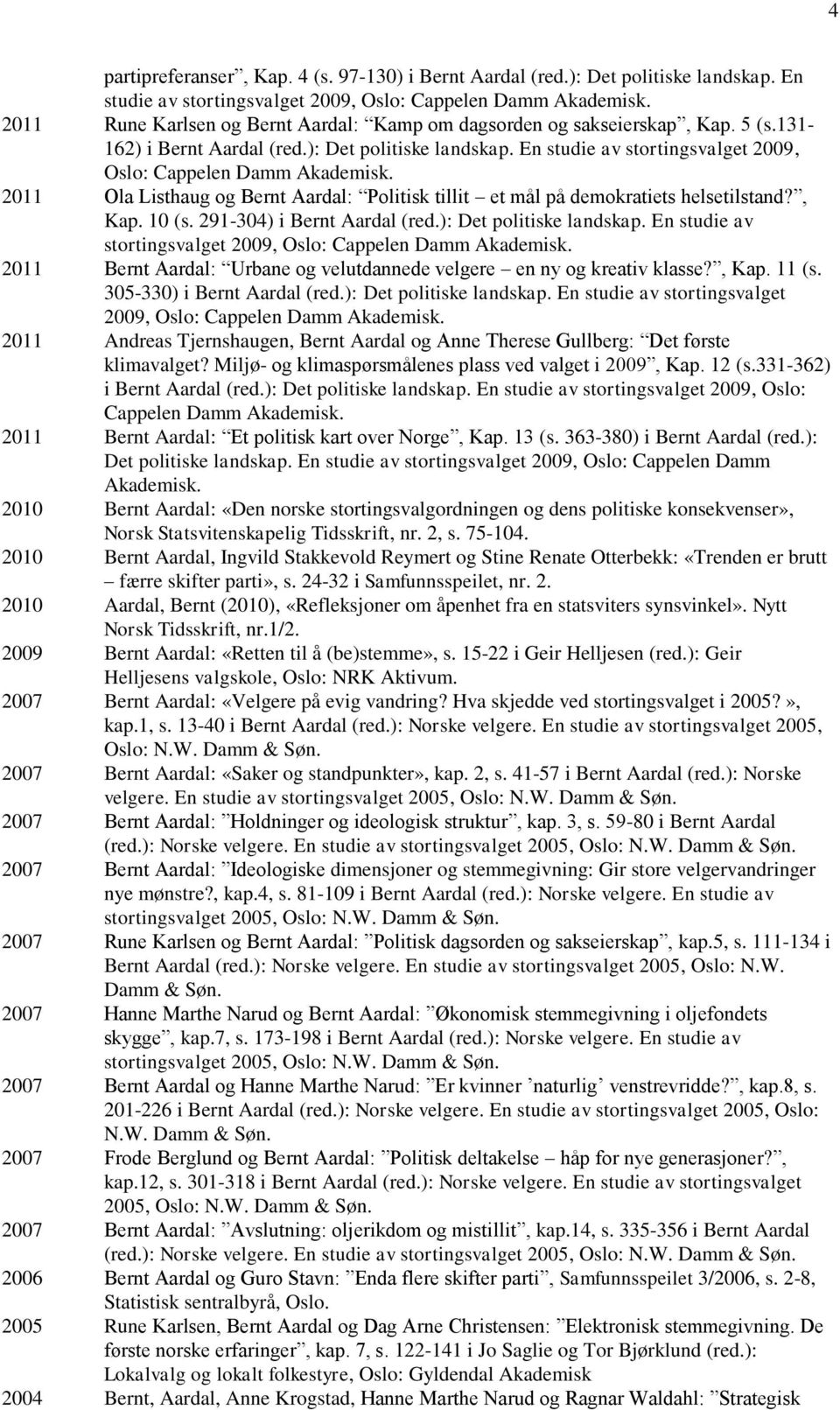 En studie av stortingsvalget 2009, Oslo: Cappelen Damm Akademisk. 2011 Ola Listhaug og Bernt Aardal: Politisk tillit et mål på demokratiets helsetilstand?, Kap. 10 (s. 291-304) i Bernt Aardal (red.