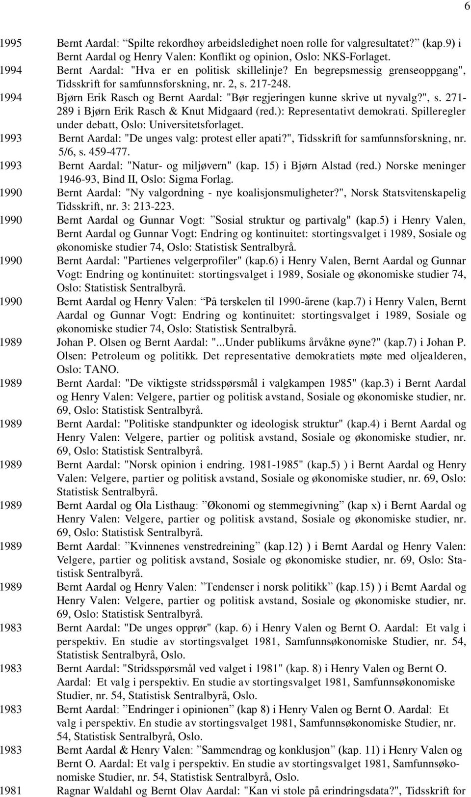 1994 Bjørn Erik Rasch og Bernt Aardal: "Bør regjeringen kunne skrive ut nyvalg?", s. 271-289 i Bjørn Erik Rasch & Knut Midgaard (red.): Representativt demokrati.