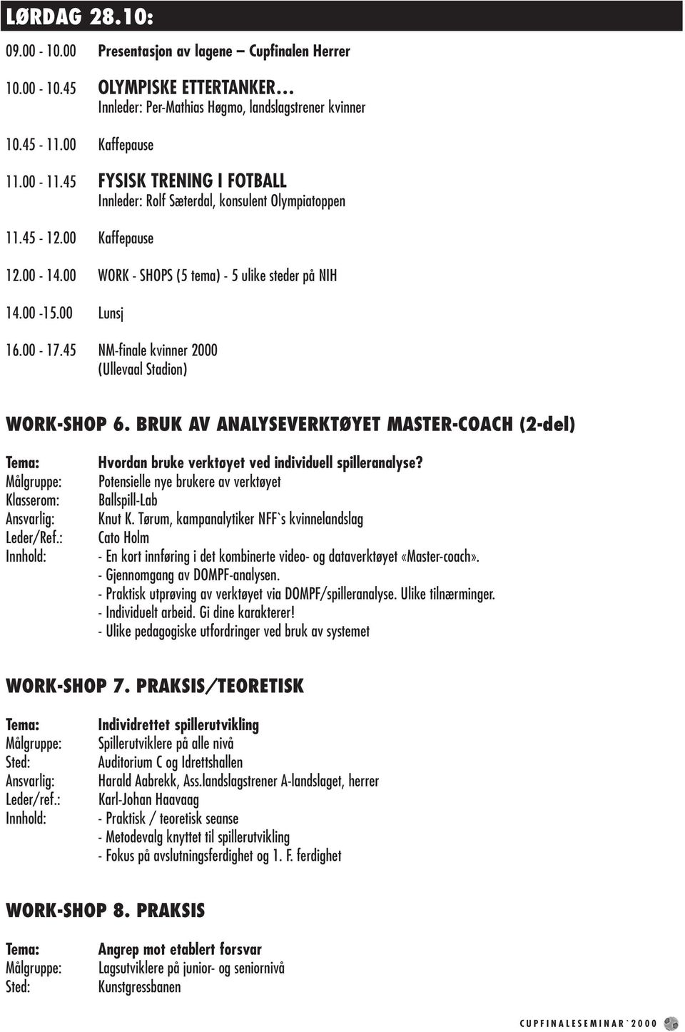 45 NM-finale kvinner 2000 (Ullevaal Stadion) WORK-SHOP 6. BRUK AV ANALYSEVERKTØYET MASTER-COACH (2-del) Leder/Ref.: Hvordan bruke verktøyet ved individuell spilleranalyse?