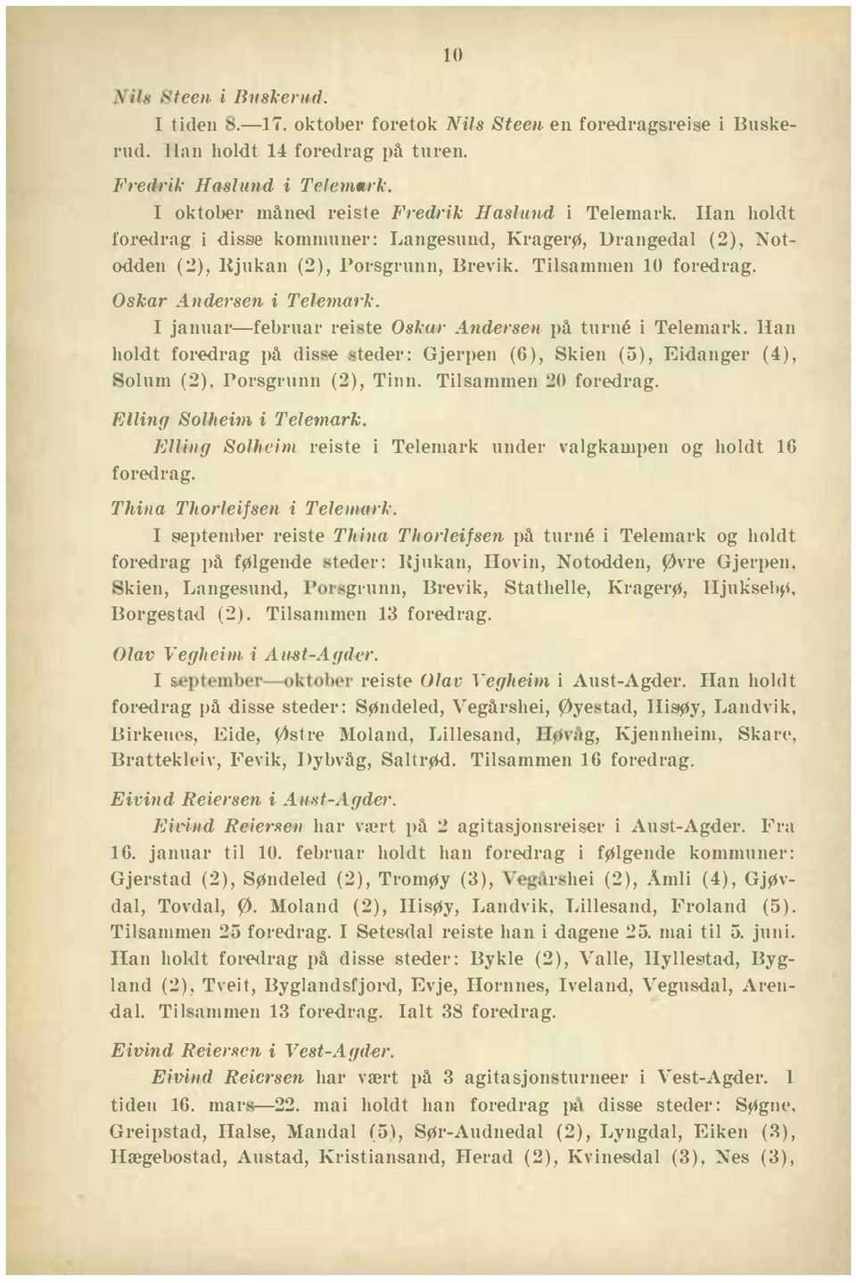 Os7:w Andersen på turne i Telemark lian holdt foredrag på dis e teder: Gjerpen (6), Skien (5), Eidanger (4 ), olum (), Porsgnmn (), Tinn Til ammen 0 foredrag Elling Solheim, i Telernark Elling