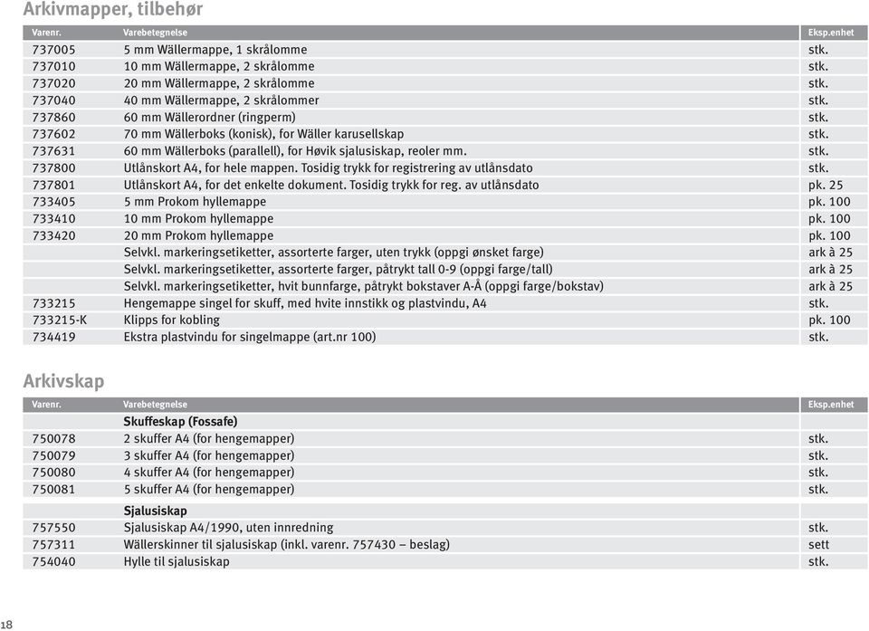 737631 60 mm Wällerboks (parallell), for Høvik sjalusiskap, reoler mm. stk. 737800 Utlånskort A4, for hele mappen. Tosidig trykk for registrering av utlånsdato stk.