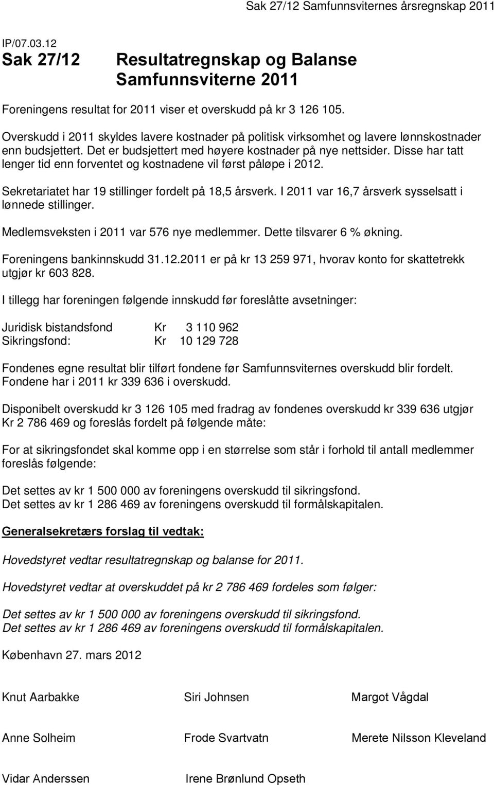 Disse har tatt lenger tid enn forventet og kostnadene vil først påløpe i 2012. Sekretariatet har 19 stillinger fordelt på 18,5 årsverk. I 2011 var 16,7 årsverk sysselsatt i lønnede stillinger.