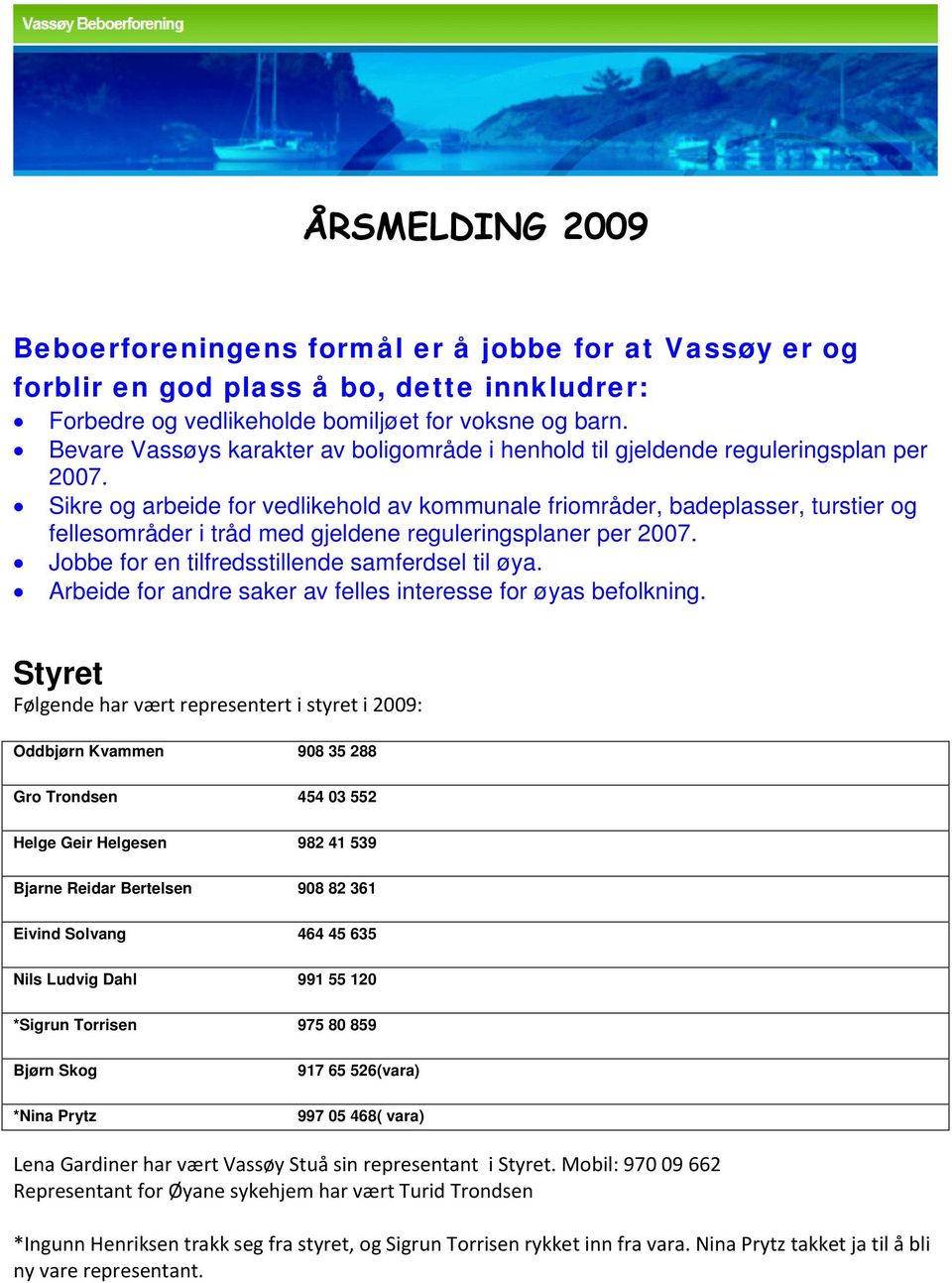 Sikre og arbeide for vedlikehold av kommunale friområder, badeplasser, turstier og fellesområder i tråd med gjeldene reguleringsplaner per 2007. Jobbe for en tilfredsstillende samferdsel til øya.