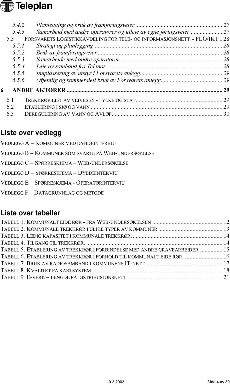 .. 29 5.5.6 Offentlig og kommersiell bruk av Forsvarets anlegg... 29 6 ANDRE AKTØRER... 29 6.1 TREKKRØR EIET AV VEIVESEN - FYLKE OG STAT... 29 6.2 ETABLERING I SJØ OG VANN... 29 6.3 DEREGULERING AV VANN OG AVLØP.