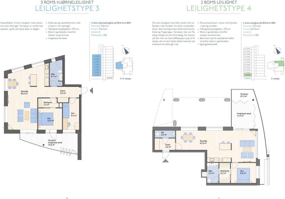 Innglasset terrasse 3 roms hjørneleilighet på 80,4 kvm BRA Terrasse: 15,8 kvm P-rom: 75,6 kvm Antall: 8 Målestokk: 1:100 To-roms leilighet med flott utsikt rett ut i fjorden mot nordøst, fra store