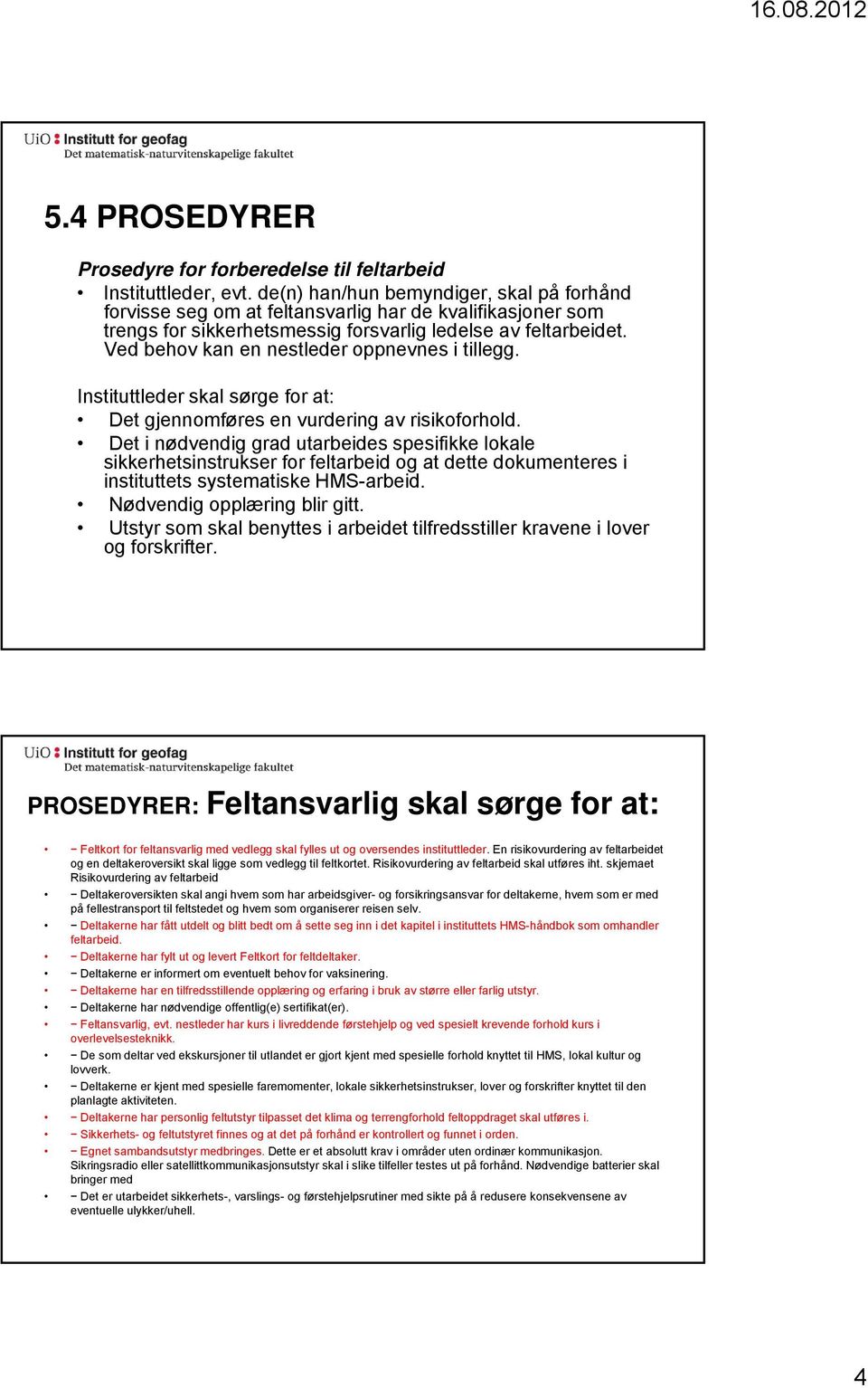 Ved behov kan en nestleder oppnevnes i tillegg. Instituttleder skal sørge for at: Det gjennomføres en vurdering av risikoforhold.