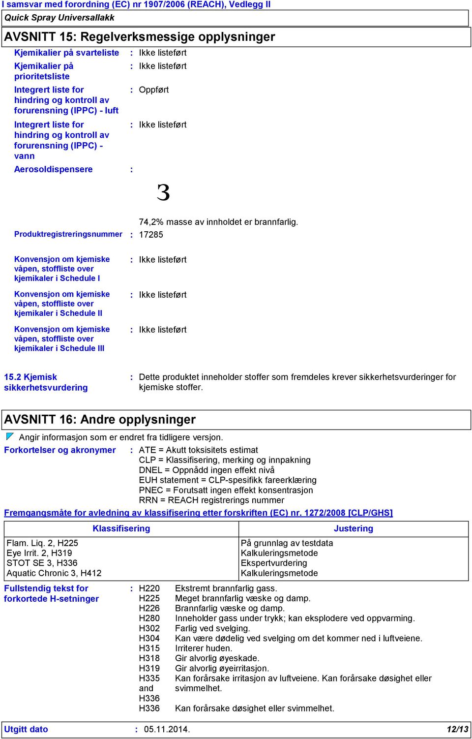 Produktregistreringsnummer 17285 з Konvensjon om kjemiske våpen, stoffliste over kjemikaler i Schedule I Konvensjon om kjemiske våpen, stoffliste over kjemikaler i Schedule II Konvensjon om kjemiske