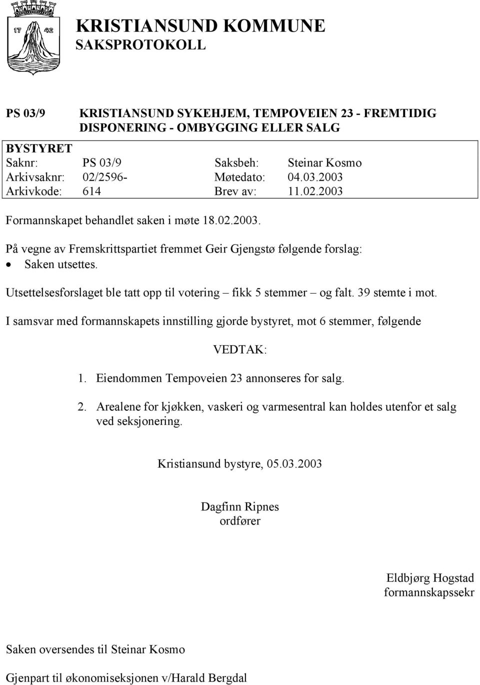 Utsettelsesforslaget ble tatt opp til votering fikk 5 stemmer og falt. 39 stemte i mot. I samsvar med formannskapets innstilling gjorde bystyret, mot 6 stemmer, følgende 1.