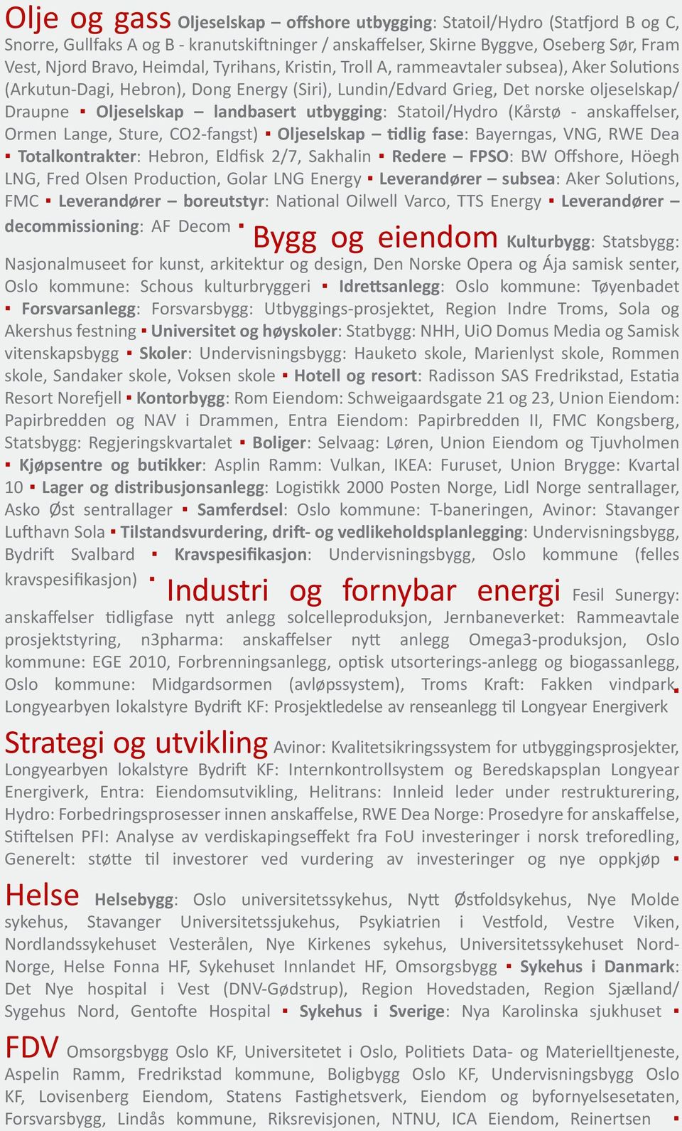 Oljeselskap landbasert utbygging: Statoil/Hydro (Kårstø - anskaffelser, Ormen Lange, Sture, CO2-fangst) Oljeselskap tidlig fase: Bayerngas, VNG, RWE Dea Totalkontrakter: Hebron, Eldfisk 2/7, Sakhalin