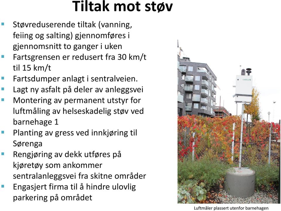 Lagt ny asfalt på deler av anleggsvei Montering av permanent utstyr for luftmåling av helseskadelig støv ved barnehage 1 Planting av