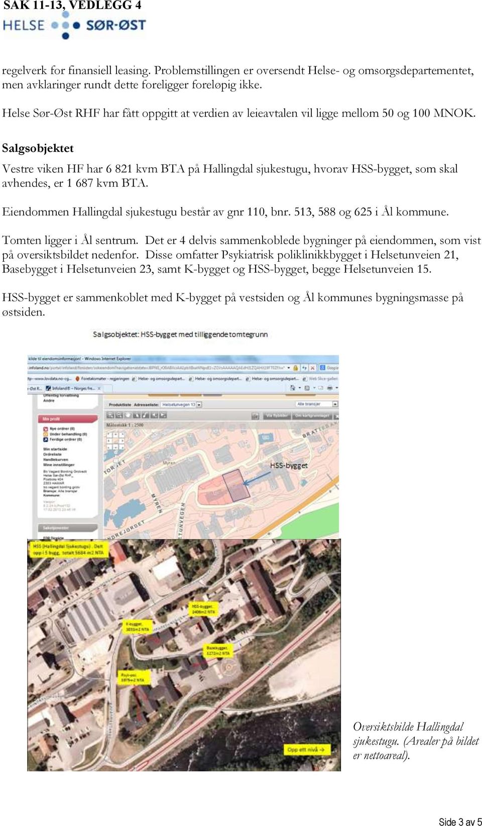 Salgsobjektet Vestre viken HF har 6 821 kvm BTA på Hallingdal sjukestugu, hvorav HSS-bygget, som skal avhendes, er 1 687 kvm BTA. Eiendommen Hallingdal sjukestugu består av gnr 110, bnr.