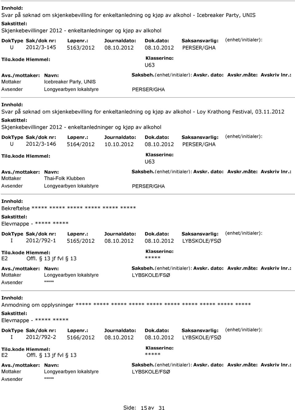 10.2012 63 Avs./mottaker: Navn: Saksbeh. Avskr. dato: Avskr.måte: Avskriv lnr.: Thai-Folk Klubben Bekreftelse Elevmappe - 2012/792-1 5165/2012 E2 Avs./mottaker: Navn: Saksbeh. Avskr. dato: Avskr.måte: Avskriv lnr.: Anmodning om opplysninger Elevmappe - 2012/792-2 5166/2012 E2 Avs.