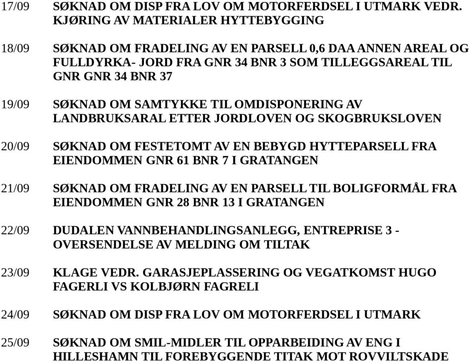 OMDISPONERING AV LANDBRUKSARAL ETTER JORDLOVEN OG SKOGBRUKSLOVEN 20/09 SØKNAD OM FESTETOMT AV EN BEBYGD HYTTEPARSELL FRA EIENDOMMEN GNR 61 BNR 7 I GRATANGEN 21/09 SØKNAD OM FRADELING AV EN PARSELL