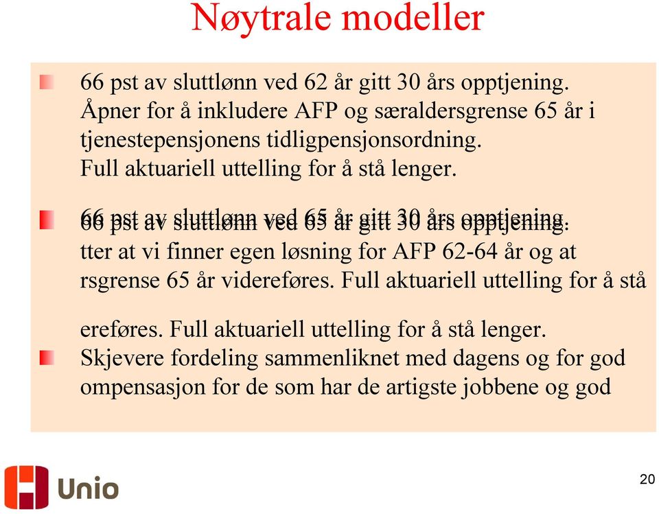 66 pst av sluttlønn ved 65 år gitt 30 års opptjening. 66 pst av sluttlønn ved 65 år gitt 30 års opptjening.