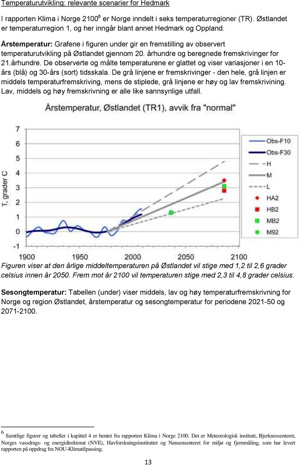 århundre og beregnede fremskrivinger for 21.århundre. De observerte og målte temperaturene er glattet og viser variasjoner i en 10- års (blå) og 30-års (sort) tidsskala.