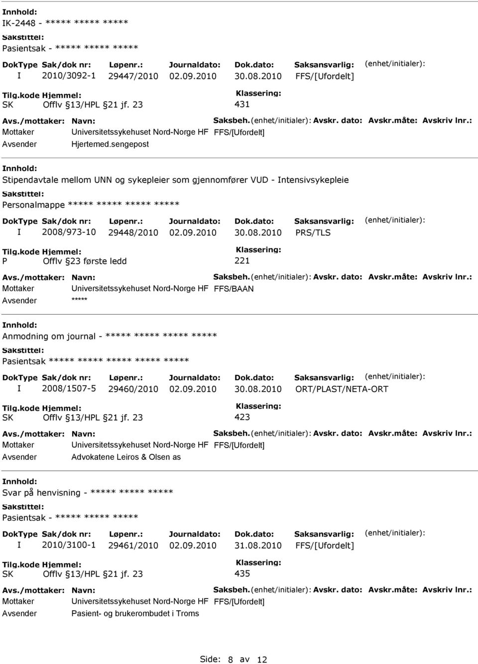 PRS/TLS P Offlv 23 første ledd 221 Mottaker niversitetssykehuset Nord-Norge HF FFS/BAAN ***** Anmodning om journal - ***** ***** ***** ***** Pasientsak