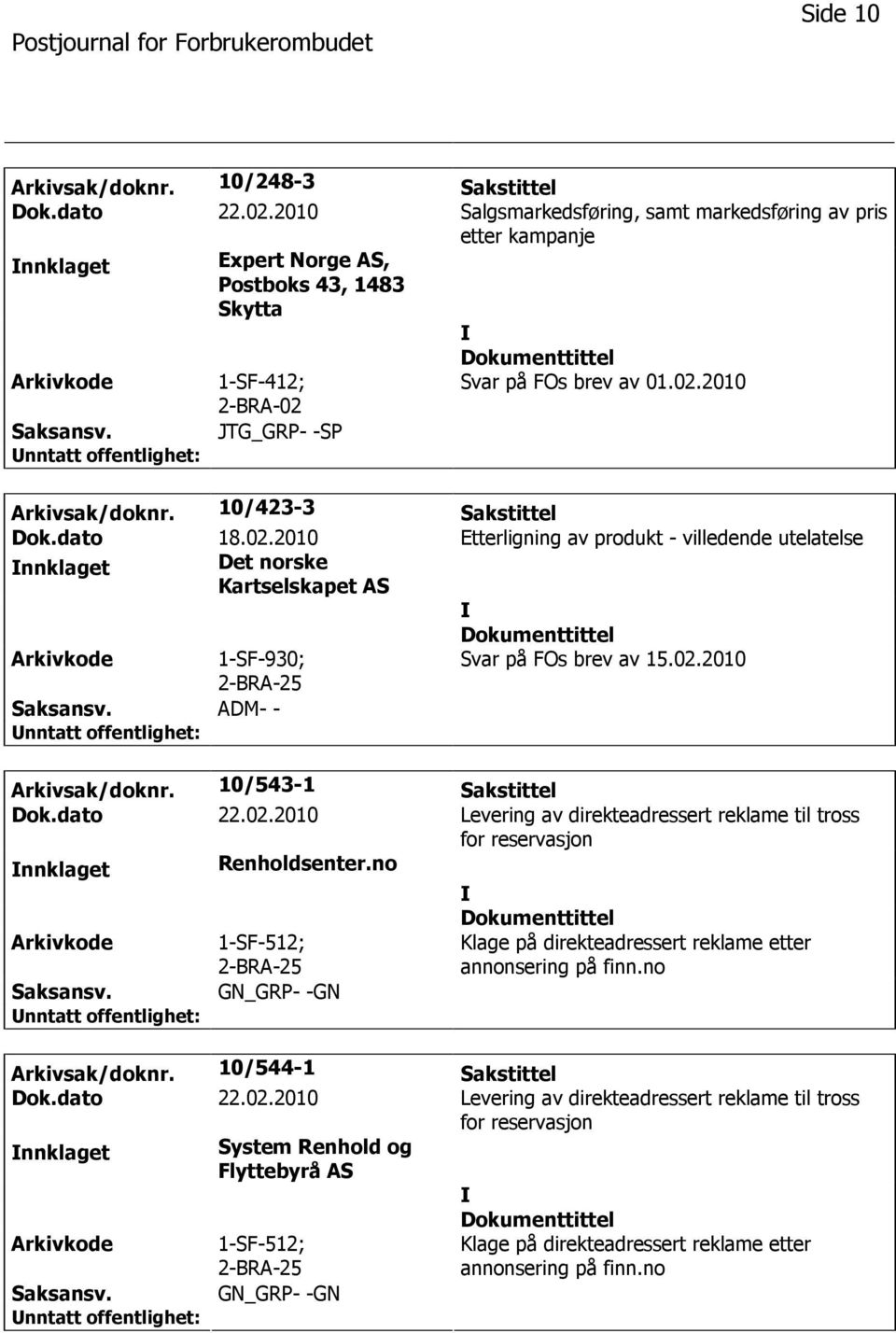 10/423-3 Sakstittel Dok.dato 18.02.2010 Etterligning av produkt - villedende utelatelse nnklaget Det norske Kartselskapet AS 1-SF-930; Svar på FOs brev av 15.02.2010 ADM- - Arkivsak/doknr.