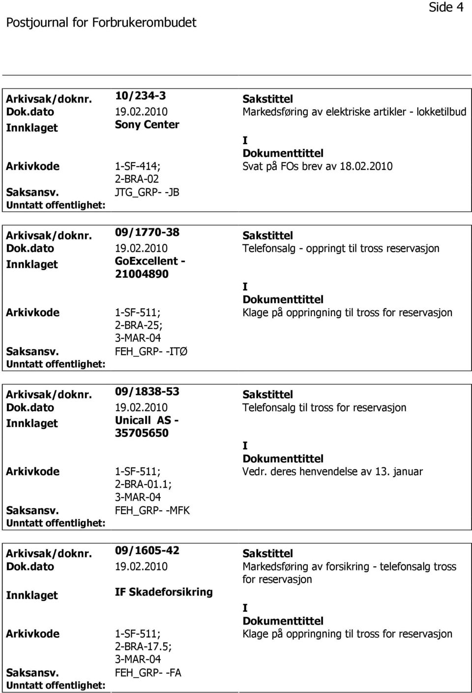 2010 Telefonsalg - oppringt til tross reservasjon nnklaget GoExcellent - 21004890 1-SF-511; ; Klage på oppringning til tross for reservasjon FEH_GRP- -TØ Arkivsak/doknr. 09/1838-53 Sakstittel Dok.