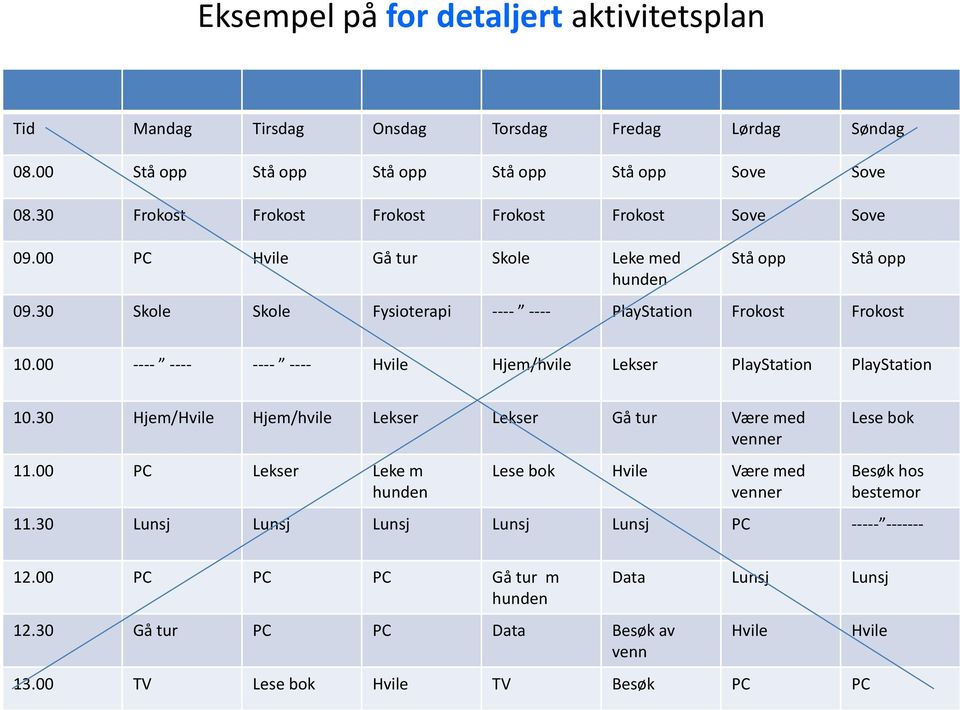 00 ---- ---- ---- ---- Hvile Hjem/hvile Lekser PlayStation PlayStation 10.30 Hjem/Hvile Hjem/hvile Lekser Lekser Gå tur Være med venner 11.