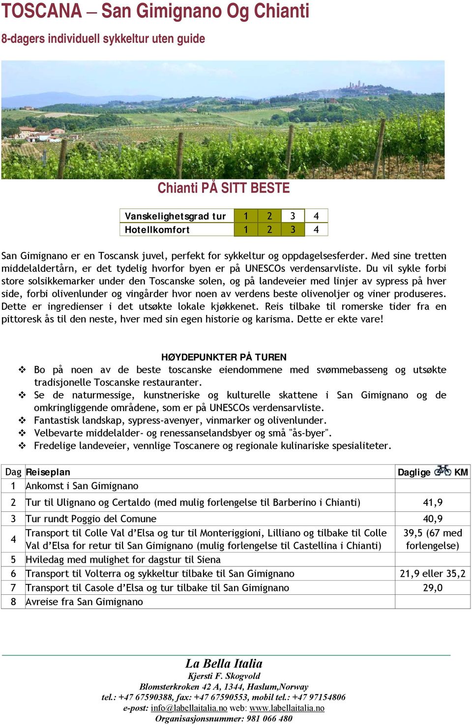 Du vil sykle forbi store solsikkemarker under den Toscanske solen, og på landeveier med linjer av sypress på hver side, forbi olivenlunder og vingårder hvor noen av verdens beste olivenoljer og viner