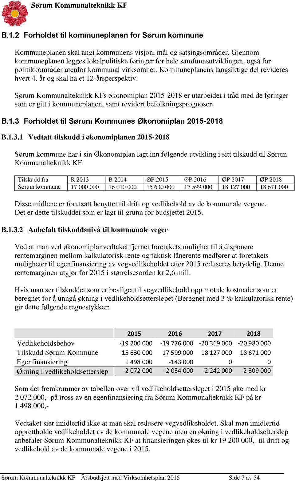 år og skal ha et 12-årsperspektiv. Sørum Kommunalteknikk KFs økonomiplan 2015-2018 er utarbeidet i tråd med de føringer som er gitt i kommuneplanen, samt revidert befolkningsprognoser. B.1.3 Forholdet til Sørum Kommunes Økonomiplan 2015-2018 B.