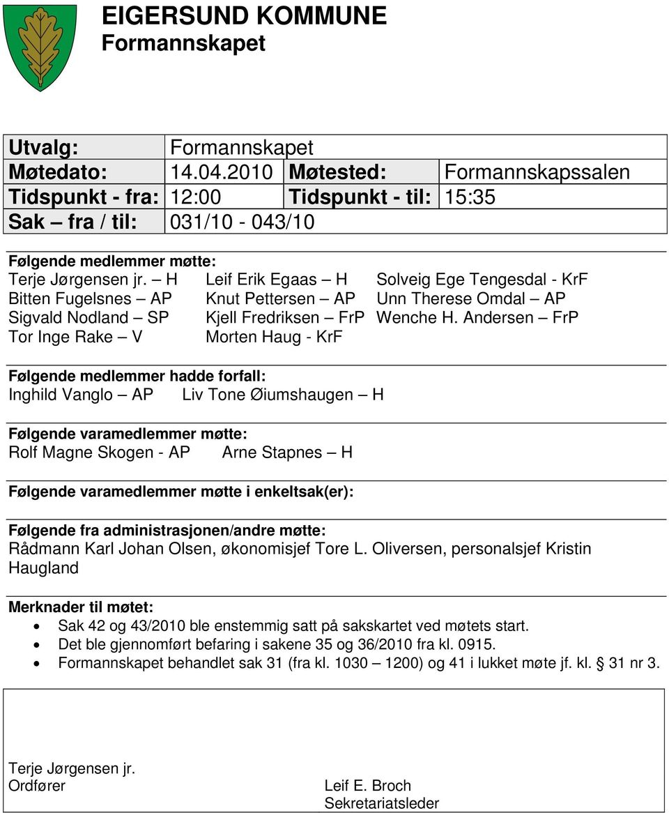 H Leif Erik Egaas H Solveig Ege Tengesdal - KrF Bitten Fugelsnes AP Knut Pettersen AP Unn Therese Omdal AP Sigvald Nodland SP Kjell Fredriksen FrP Wenche H.