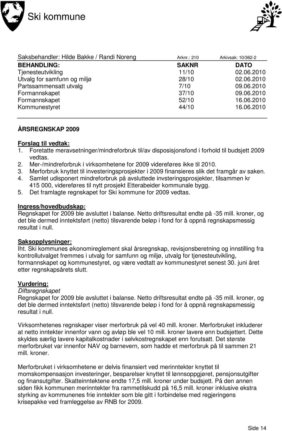 Foretatte meravsetninger/mindreforbruk til/av disposisjonsfond i forhold til budsjett 2009 vedtas. 2. Mer-/mindreforbruk i virksomhetene for 2009 videreføres ikke til 2010. 3.