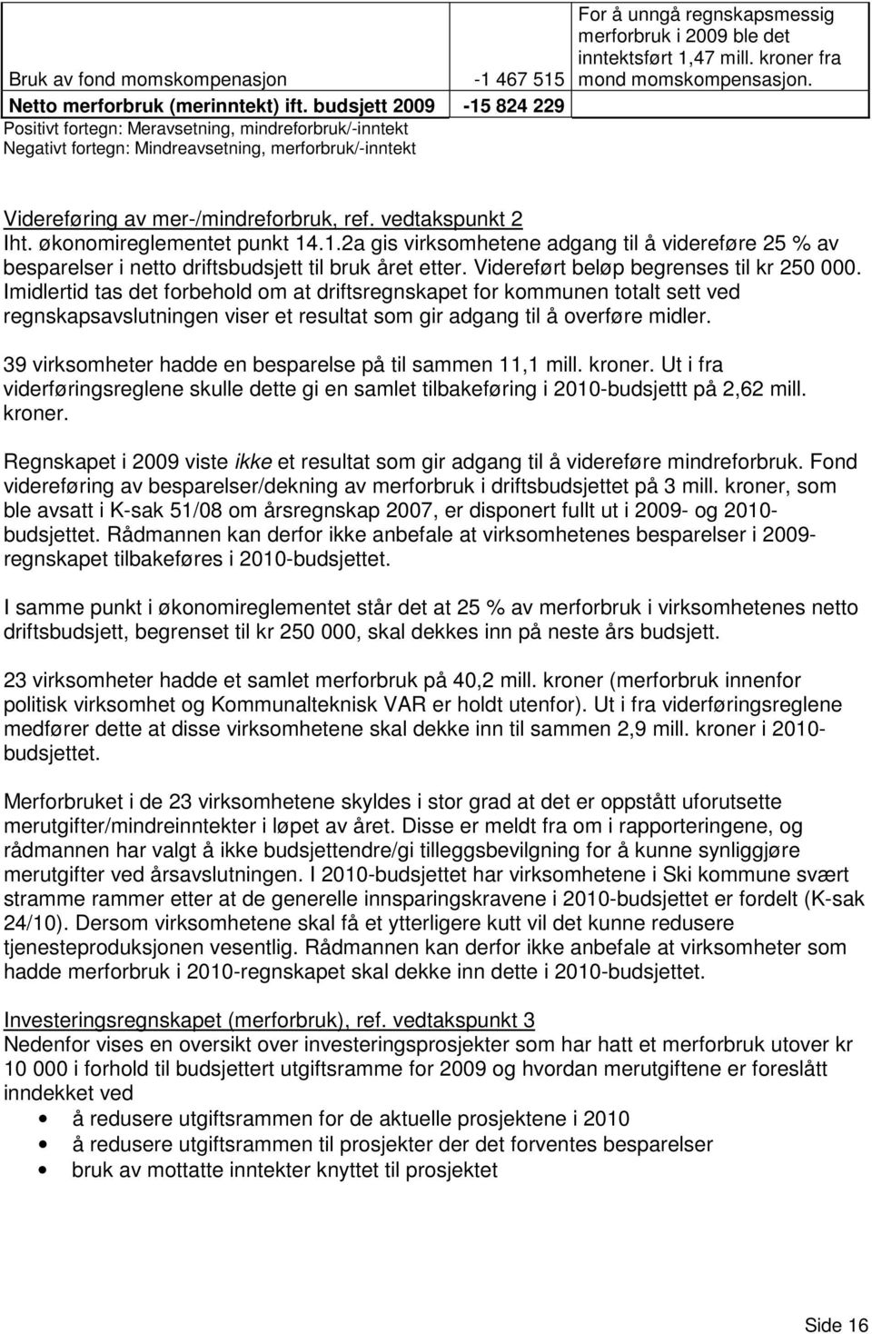 inntektsført 1,47 mill. kroner fra mond momskompensasjon. Videreføring av mer-/mindreforbruk, ref. vedtakspunkt 2 Iht. økonomireglementet punkt 14.1.2a gis virksomhetene adgang til å videreføre 25 % av besparelser i netto driftsbudsjett til bruk året etter.