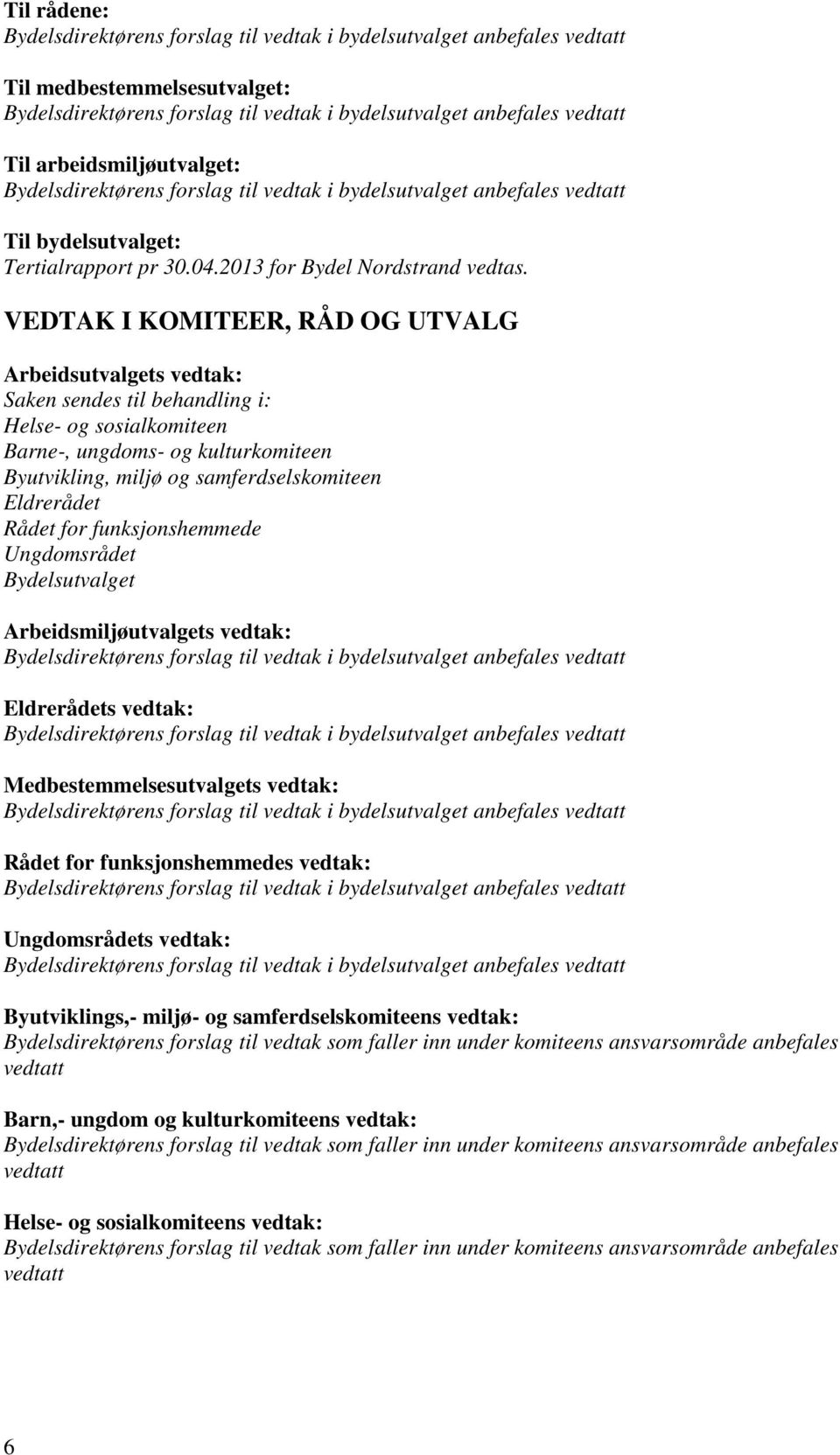 VEDTAK I KOMITEER, RÅD OG UTVALG Helse- og sosialkomiteen Barne-, ungdoms- og kulturkomiteen Byutvikling, miljø og samferdselskomiteen Eldrerådet Rådet for funksjonshemmede Ungdomsrådet