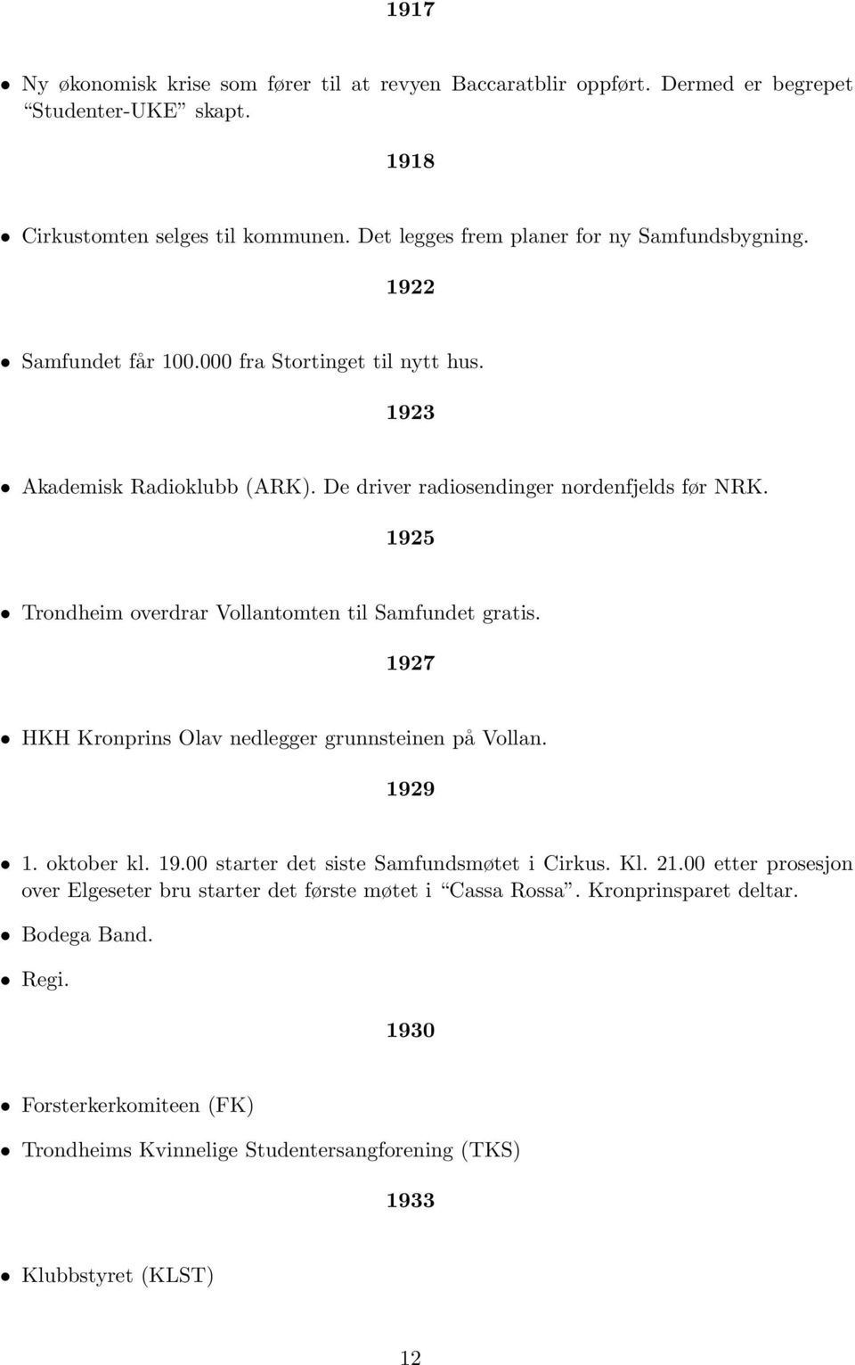 1925 Trondheim overdrar Vollantomten til Samfundet gratis. 1927 HKH Kronprins Olav nedlegger grunnsteinen på Vollan. 1929 1. oktober kl. 19.00 starter det siste Samfundsmøtet i Cirkus. Kl.